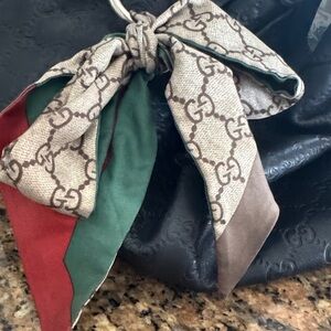 Gucci Beige Monogram Silk Bow Key Charm with Green, Red & Brown Panels